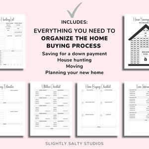 May include: A printable set of black and white home buying checklists and trackers. The set includes a house hunting list, a house savings chart, moving estimates, utilities checklist, home buying checklist, and loan information.