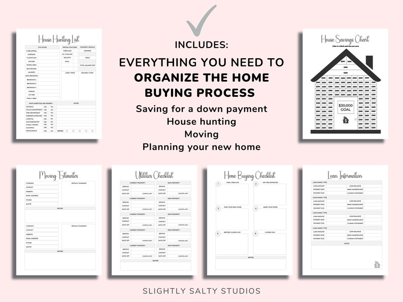 May include: A printable set of black and white home buying checklists and trackers. The set includes a house hunting list, a house savings chart, moving estimates, utilities checklist, home buying checklist, and loan information.