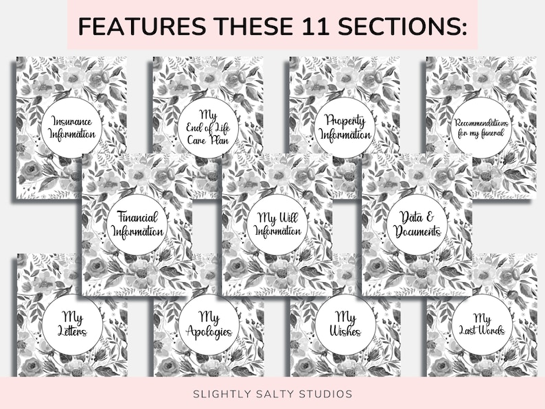 May include: A collection of eleven grayscale floral-patterned cards, each labeled with a different section title, including "Insurance Information," "My End of Life Care Plan," and "My Last Words." The text "FEATURES THESE 11 SECTIONS:" is at the top. The studio name "SLIGHTLY SALTY STUDIOS" is at the bottom.