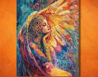 Colorful Day Dreaming Guardian Angel - Majestic Angel Wings - Celestial Spiritual Wall Decor - Stretched Matte Canvas Art - Home Gift Idea