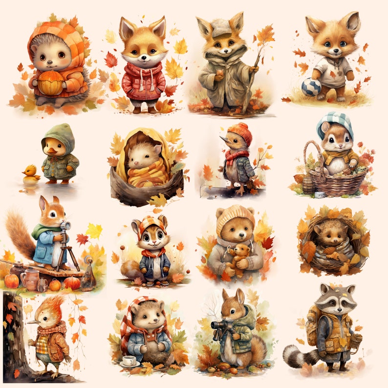 Autumn Cute Baby Animals Clipart Fall Animals Clipart Cute Cozy Clipart ...