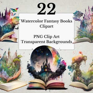 22 PNG Watercolor Fantasy Books Clipart, PNG Files Bundle, Old Books, Vintage Books