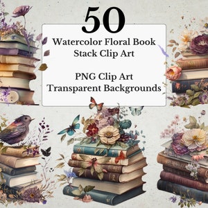 50 PNG Vintage Watercolor Floral Book Stack Clipart, Floral Library Clip Art, Book Lover Collection, Antique Books Bundle PNG