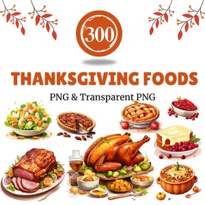 Cena de Acción de Gracias Clipart PNG Comida Comida de Acción de Gracias Acuarela Otoño Imprimibles Comida Pastel Puré de Patatas Menú de Acción de Gracias Pavo Patata