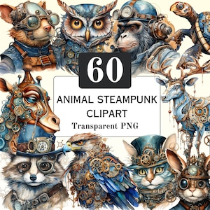 Steampunk Animal Clipart PNG Steampunk Digital Watercolor Clipart Bundle Fantasy Victorian Steampunk Junk Journal Commercial Use Art Scrap