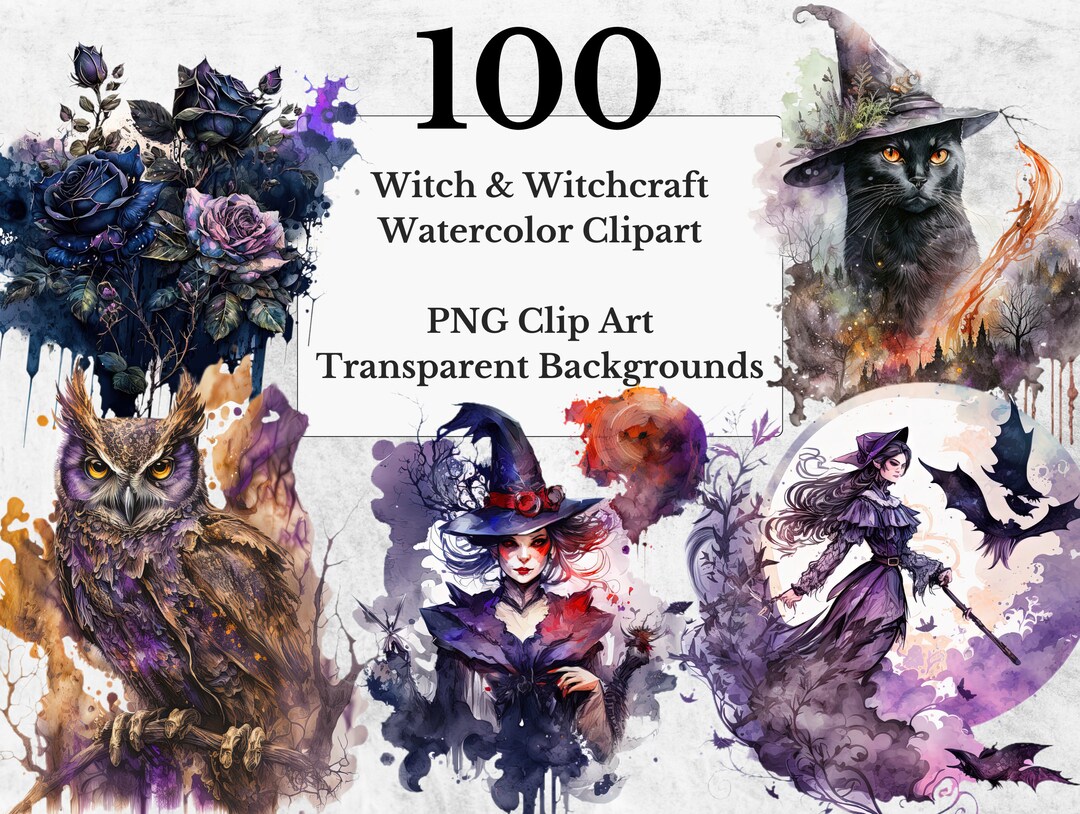 100 Witch & Witchcraft Watercolor Clipart, Magical Witch Themed PNG ...