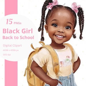 Kindergarten Clipart Black Girl Back to School PNG African American Student Watercolor Clip Art for Homeschool Teacher Classroom Printable