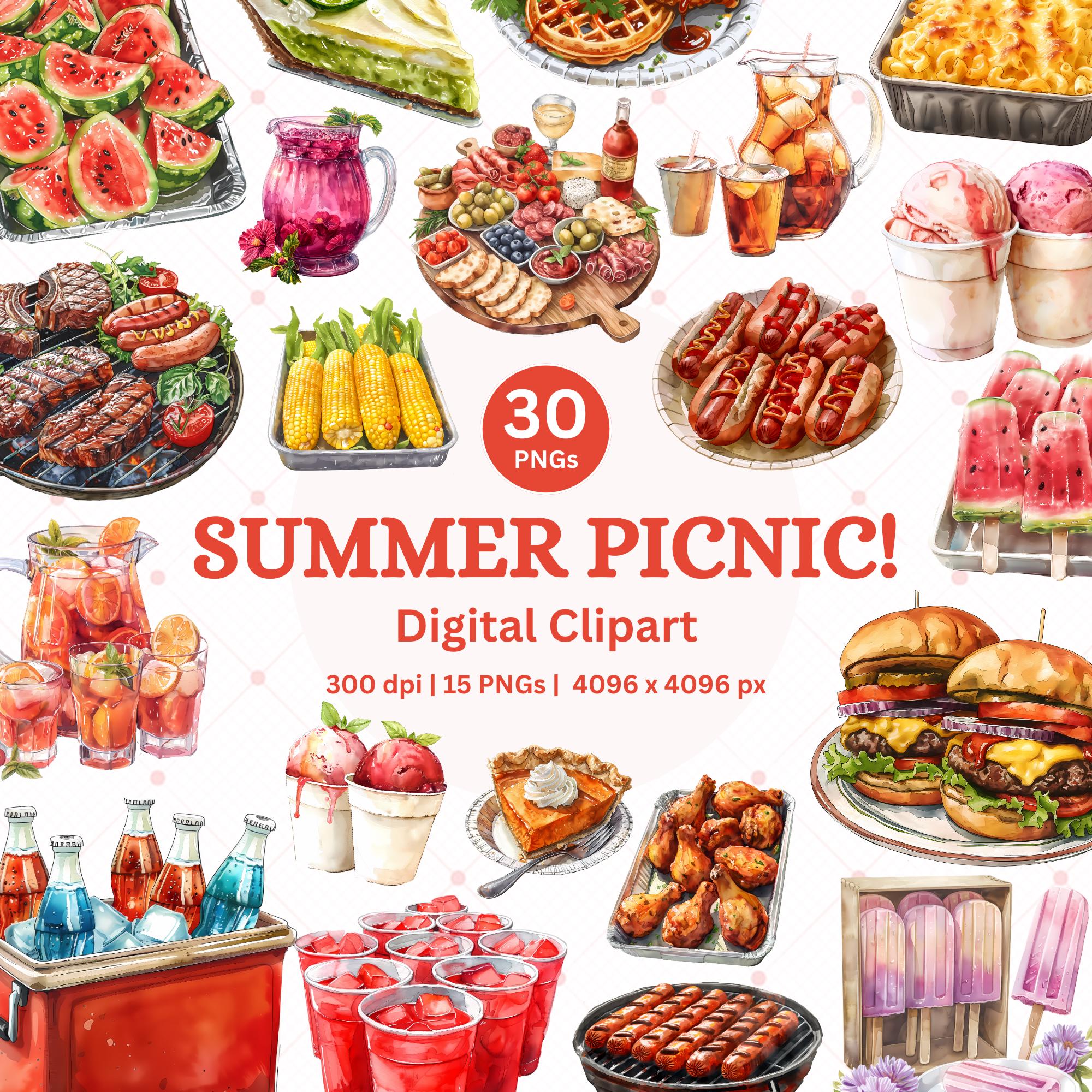 Summer Picnic Watercolor Food Clipart Food Art for Outdoor Cookout BBQ ...