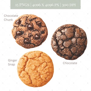 May include: Three cookies: a chocolate chunk cookie with dark chocolate chips, a dark chocolate cookie, and a golden ginger snap cookie. Text on the image reads "Chocolate Chunk", "Ginger Snap", and "Chocolate". The image also includes the text "15 PNGS | 4096 X 4096 PX | 300 DPI".