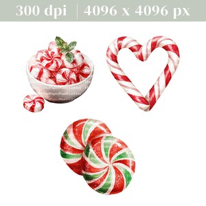 May include: A watercolour illustration featuring a heart-shaped candy cane, a bowl of red and white peppermint sweets, and two red, white, and green swirl sweets. The image includes the text "ThePaperPantry@Etsy".