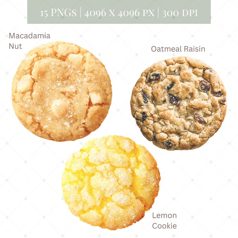 May include: An image showcasing three different cookies: a macadamia nut cookie, an oatmeal raisin cookie, and a lemon cookie. The macadamia nut cookie is light brown with visible macadamia nuts. The oatmeal raisin cookie is speckled with raisins. The lemon cookie is yellow.