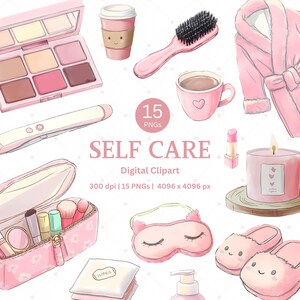 Joli clipart soins personnels pour agenda et journal Kawaii Cutecore rose autocollant numérique ensemble journée au spa détente amour de soi salle de bains Clipart