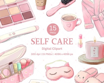 Self Care Clipart Set, Kawaii Pink Spa Day Graphics (Digital Download)