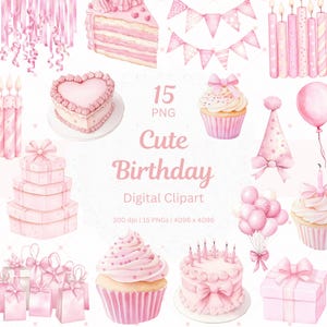 Aquarell Geburtstag Clipart Pastell Rosa Feier Grafiken Kawaii druckbare digitale Aufkleber für Geburtstag Einladung Baby Shower Party