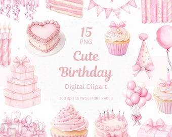 May include: A set of 15 pink and white watercolor illustrations for a birthday party. The illustrations include cupcakes, cakes, presents, balloons, candles, and party hats.