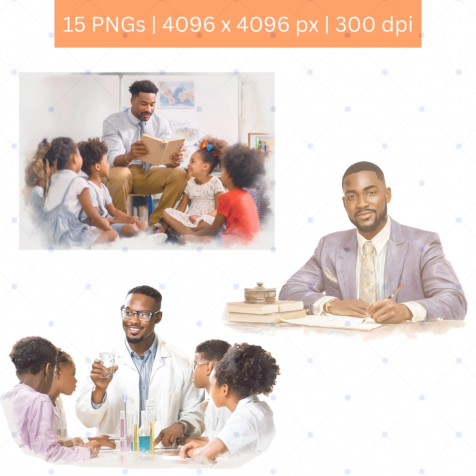Black Man Teacher Clipart Watercolor PNG Bundle Back to School ...