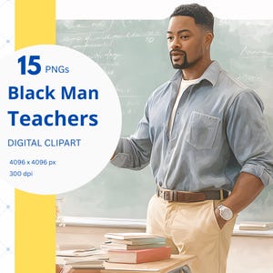 Schwarzer Mann Lehrer Clipart Aquarell PNG Bündel Zurück zu Schule druckbare Kunst African American Educator Lehrer Wertschätzung Grafiken