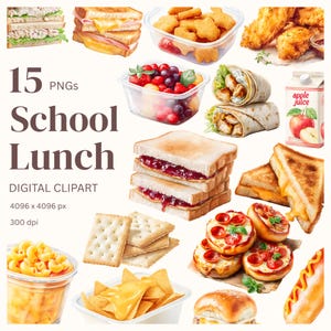May include: Digital clipart featuring various school lunch items. Includes sandwiches, wraps, fruit, juice, pizza bagels, chicken nuggets, and more. The text reads "15 PNGs School Lunch DIGITAL CLIPART 4096 x 4096 px 300 dpi."
