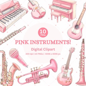 Roze instrumenten clipart schattige muziek clipart PNG doodle kunst graphics afdrukbare digitale sticker voor planner dagboek plakboek en homeschool