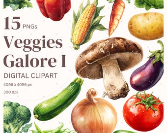 Clipart de vegetais para imprimir, arte em aquarela com tomate, cogumelo, alface, pepino e milho. Adesivos digitais PNG para scrapbook e diário de arte.