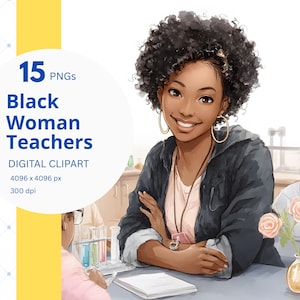 Black Woman Teacher Clipart African American Back to School PNG Kindergarten Classroom Watercolor Clip Art Teacher Appreciation Printable