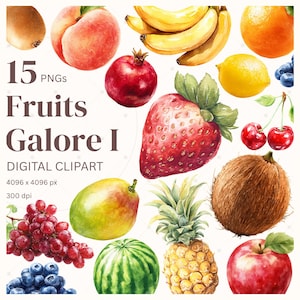 Watercolor Fruit Clipart, Lemon Strawberry Pomegranate Mango Banana and Watermelon Summer Images Digital Sticker for Junk Journal Scrapbook