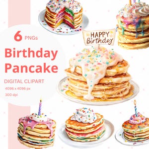 Panqueque de cumpleaños Clipart PNG Acuarela Celebración Gráficos Arte de comida digital Imprimible Pegatina de cumpleaños Feliz cumpleaños Descarga instantánea