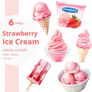 Clipart de crème glacée aux fraises anniversaire PNG aquarelle Clip Art rose mignon graphique de célébration imprimable pour 10e anniversaire fille fête inviter