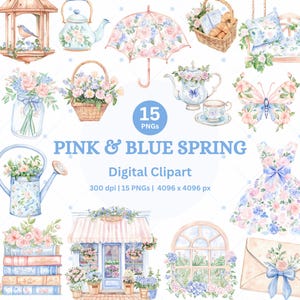 Clipart de acuarela de primavera, arte floral pastel romántico vintage, estilo grandmillenial, PNG, gráficos de primavera imprimibles en rosa y azul para planificador