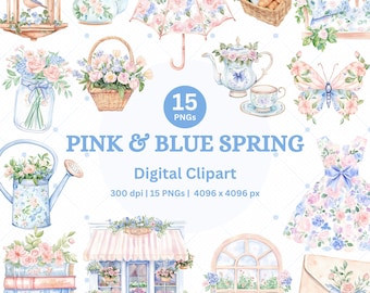 Spring Watercolor Clipart Vintage Romantic Pastel Floral Grandmillenial Art PNG Pink and Blue Printable Springtime Graphics for Planner