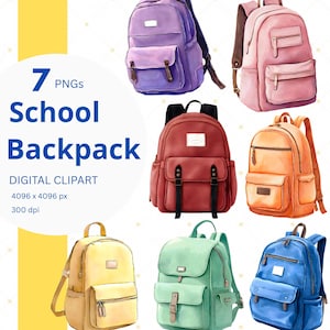 Clipart sac à dos aquarelle retour à l'école PNG fournitures scolaires cartable Images cartable clipart pour le téléchargement numérique de la première journée d'école