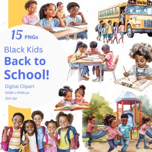 African American Student Clipart Bundle Back to School PNG Black Girl Watercolor Clip Art Child First Day of School Classroom Printable Art