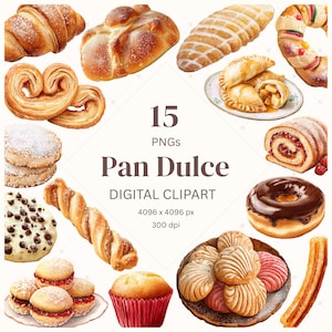 Clipart aquarelle Pan Dulce, art alimentaire imprimable pain mexicain, boulangerie hispanique Images dessert PNG gourmands autocollant numérique téléchargement immédiat