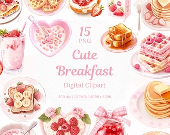 Kawaii Breakfast Clipart, Pink Food Art (PNG, PDF)
