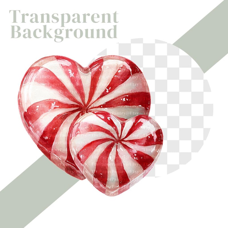 May include: Two heart-shaped sweets with red and white stripes. The sweets have a glossy, transparent appearance, and the text "Transparent Background" is visible in the upper left corner.