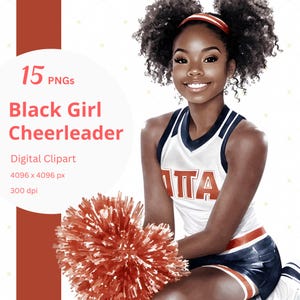 Clipart de pom-pom girl fille noire Cheer afro-américaine PNG Retour à l'école Lycée Collège sport aquarelle Clip Art Téléchargement imprimable