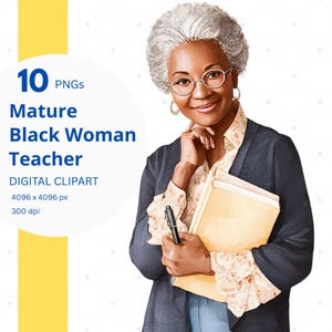 Reife schwarze Frau Lehrer PNG, Zurück in die Schule Clipart, druckbare Clip Art Bundle für afroamerikanische Erzieher Klassenzimmer Homeschool DIY