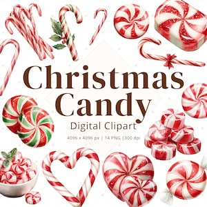 May include: A collection of watercolour Christmas candy digital clipart. The image shows red and white striped candy canes, heart-shaped sweets, and round peppermint sweets. The text "Christmas Candy" is displayed in a brown font.