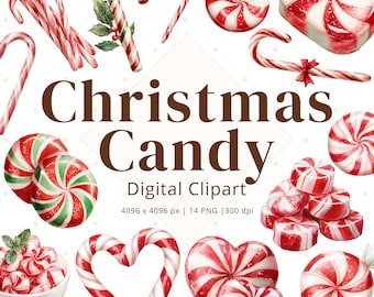 14 Candy Cane Watercolor Clipart, Peppermint PNG, Cute Christmas Candy Images, Holiday Clip Art Bundle, Winter Graphics, Instant Download
