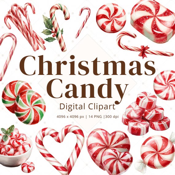 14 Candy Cane Watercolor Clipart, Peppermint PNG, Cute Christmas Candy Images, Holiday Clip Art Bundle, Winter Graphics, Instant Download