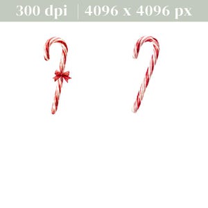 May include: Two candy canes with red and white stripes. One candy cane has a red bow tied near the top. The candy canes are set against a white background. The image is a watercolour illustration.
