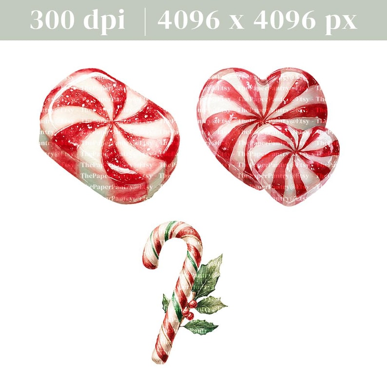 May include: A watercolour illustration of Christmas sweets. It features a red and white peppermint candy, two heart-shaped candies, and a candy cane with holly and berries. The candies have a glossy finish.