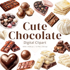 Puede incluir: Una colección de varios chocolates, que incluye barras, trufas y caramelos en forma de corazón. La imagen presenta chocolate con leche, negro y blanco, con las palabras "Cute Chocolate" y "Digital Clipart".