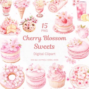 Dessert Clipart rosa Kirschblüte Süßigkeiten Aquarell Clip Art Floral Food Art PNG druckbare digitale Aufkleber für Planer Scrapbook Journal