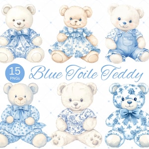 Teddybeer clipart blauwe toile schattige teddybeer PNG voor vintage kinderkamer muur kunst decor en baby shower uitnodigingen afdrukbare Instant Download