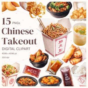 Clipartbundel Chinees eten, Chinese afhaalmaaltijden Aziatische fastfoodkunst aquarel clipart voor eetkamer keuken muurkunst en restaurantafbeeldingen