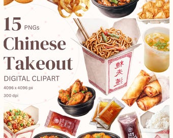Chinesisches Essen Clipart Bundle, chinesisches Fast Food Art Aquarell Clipart für Esszimmer Küche Wandkunst und Restaurant Grafiken