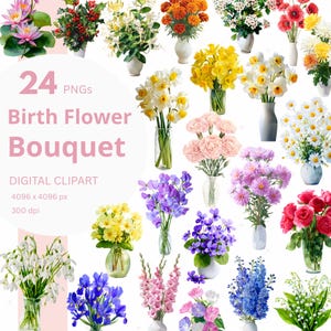 Clipart de buquê de flores de nascimento PNG Clipart floral em aquarela Mês de nascimento personalizado Arte para impressão Buquê de flores para aniversário e dia das mães
