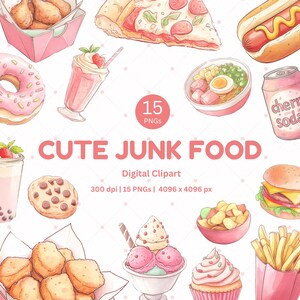 Cute Junk Food Clipart PNG for Planner Journal and Scrapbook Cutecore Kawaii Pink Digital Sticker Set Fast Food Graphics Printable Download