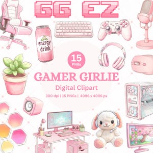 Cosy Gamer Clipart PNG rose Kawaii gaming mignon jeu vidéo girly Art Gamer Girl imprimable numérique autocollants téléchargement immédiat usage commercial